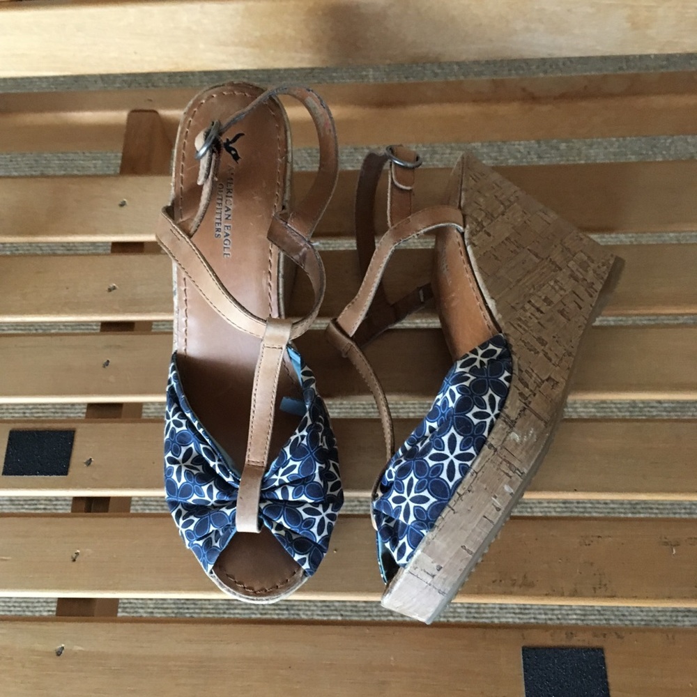 American Eagle Blue Brown cork heel wedges sandals